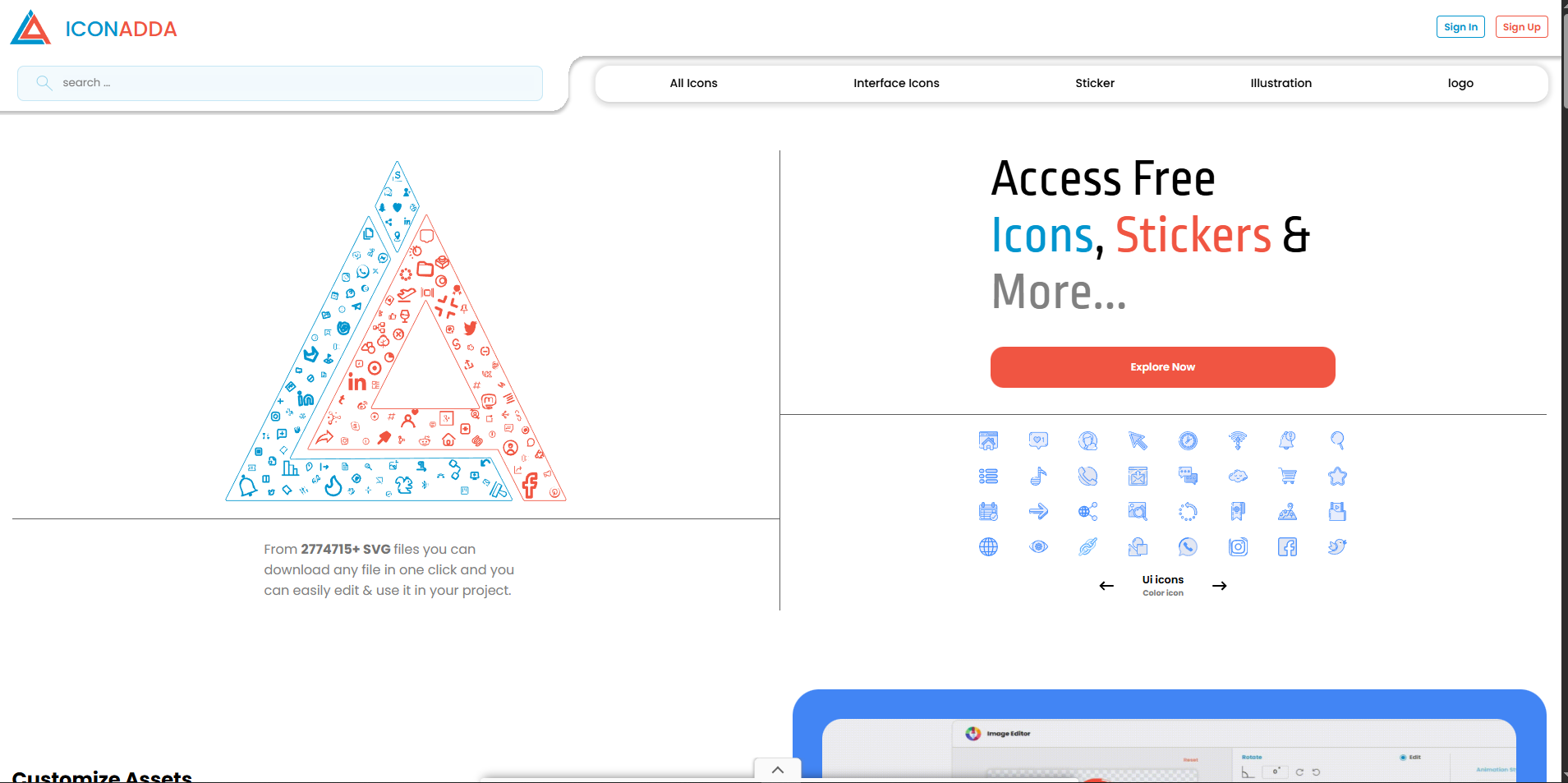 Modern web application dashboard showing icon marketplace interface with colorful icon grid and search functionality